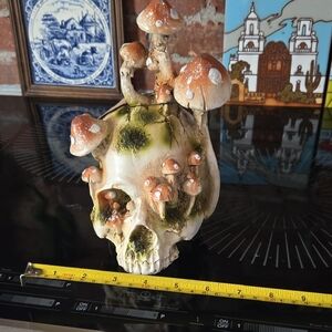 Mushroom Skull Figurine - Earthy Orange & Moss Green Sparkly